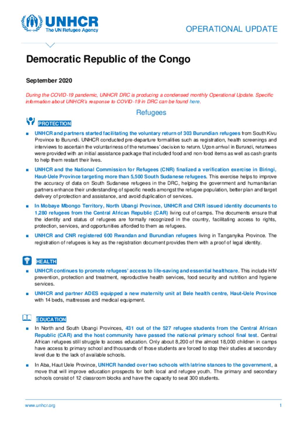 Document UNHCR DRC Operational Update September 2020