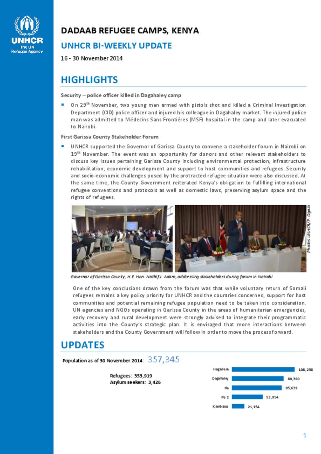 Document UNHCR Dadaab Bi Weekly Update 16 30 November