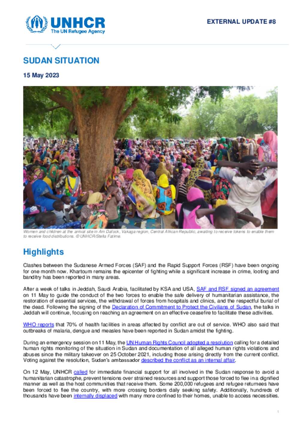 Document Sudan Situation UNHCR External Update 8 15 May 2023