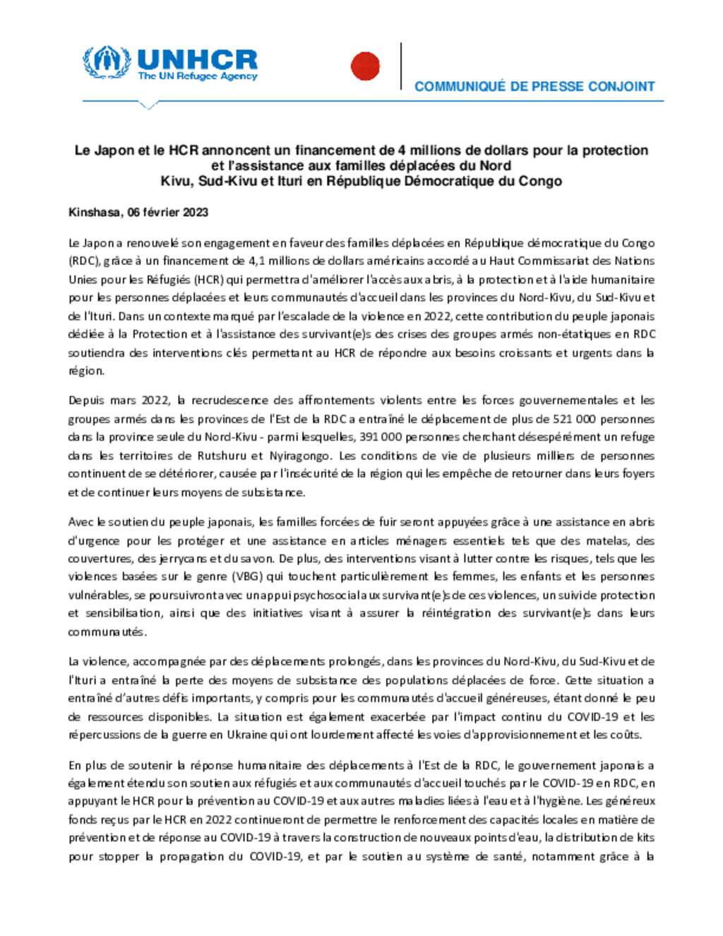 Document République Démocratique du Congo UNHCR Communiqué de