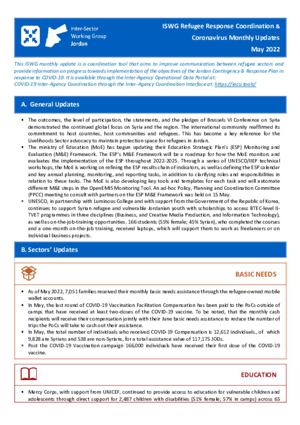 Document - Jordan: ISWG Refugee Response Coordination & Coronavirus ...