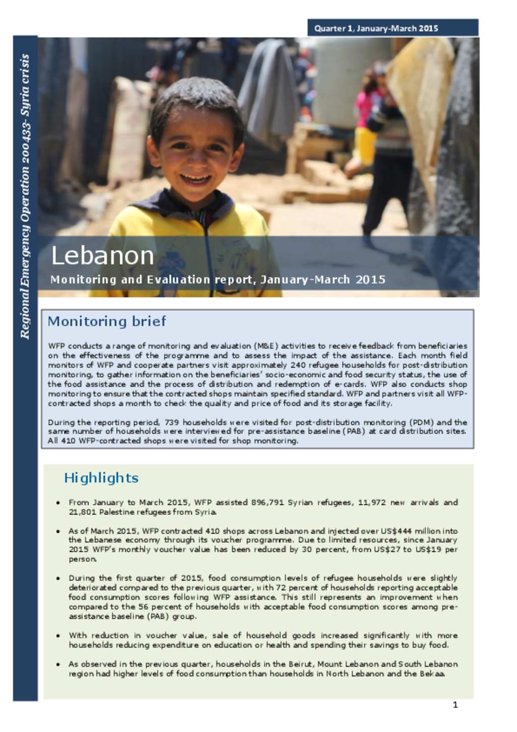 Document WFP Monitoring and Evaluation Report JanuaryMarch 2015