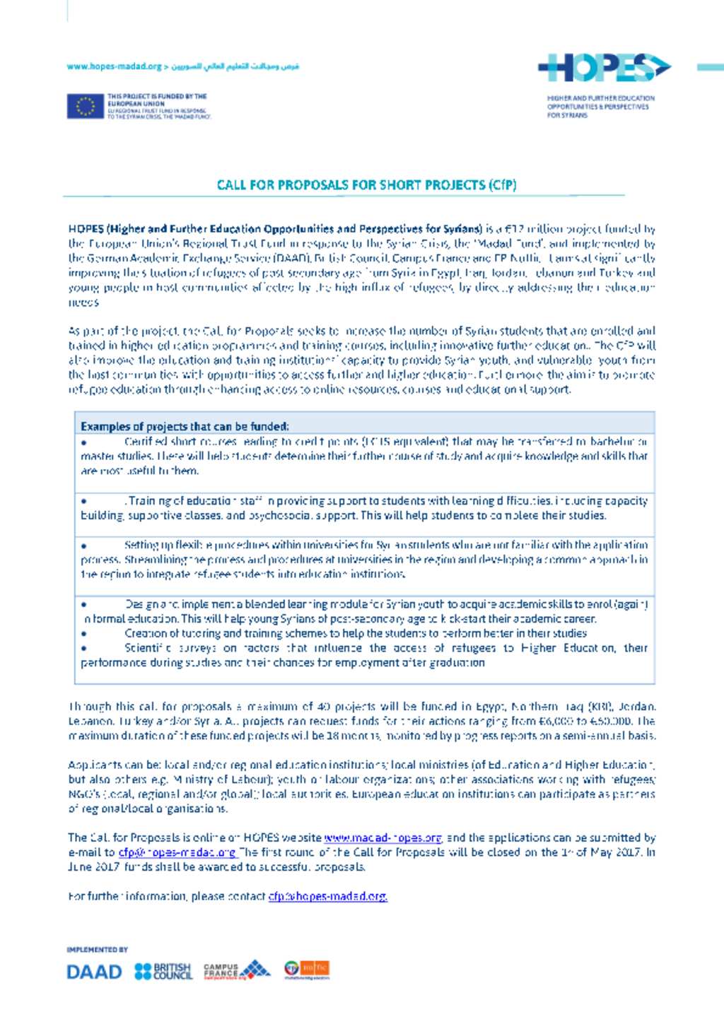 Document - HOPES - CALL FOR PROPOSAL FOR SHORT PROJECTS (CfP)