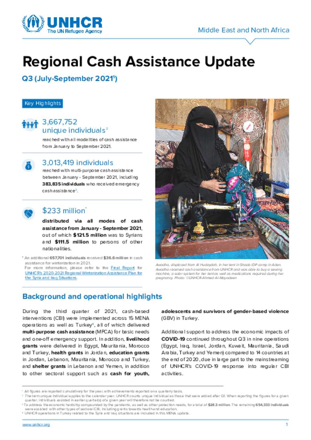 Document - UNHCR MENA Regional Cash Assistance Update for Q3 2021