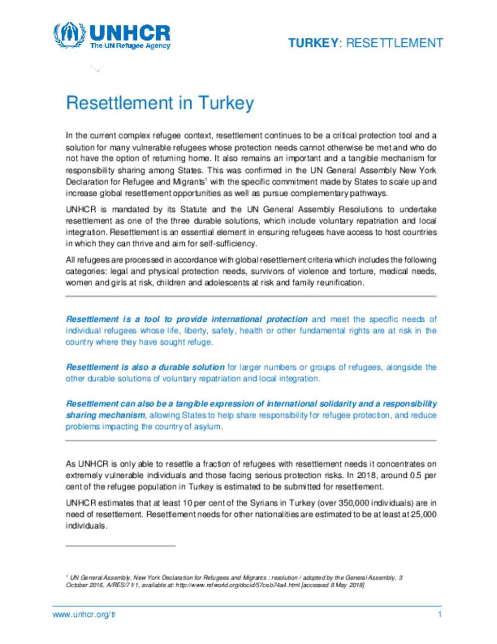 Document - UNHCR Turkey: Resettlement Fact Sheet - September 2018