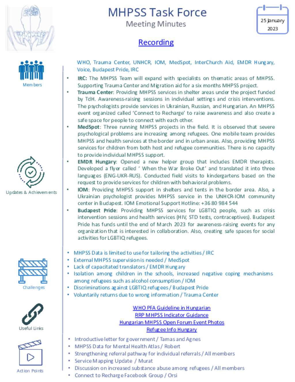 Document Hungary MHPSS Task Force Meeting Minutes 25 January 2023 Document Hungary MHPSS Task Force Meeting Minutes 25 January 2023