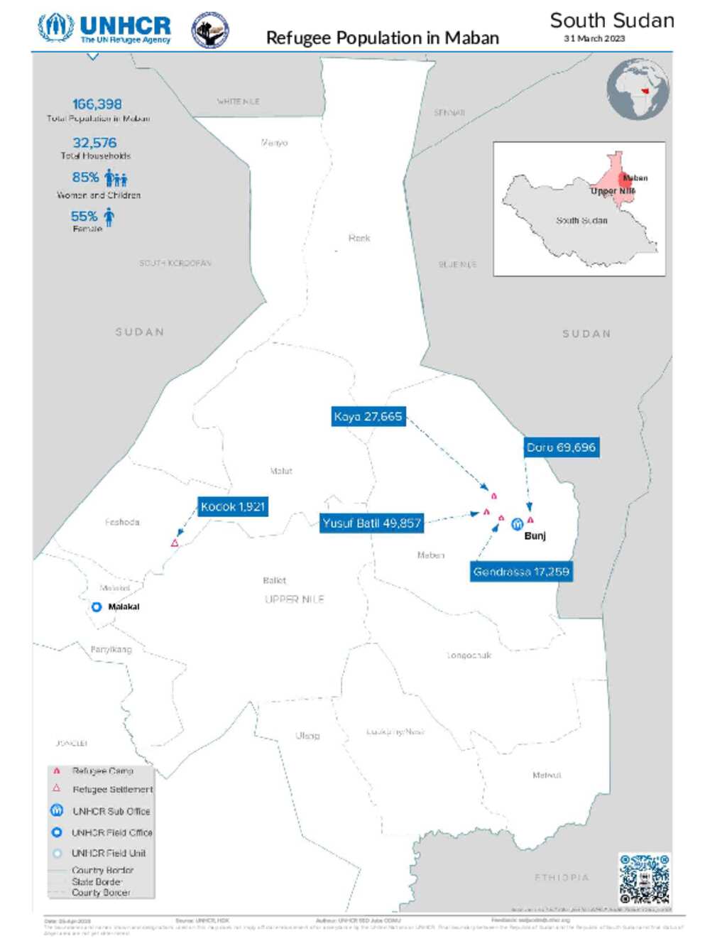 Document South Sudan Refugee Population map in Maban March 2023
