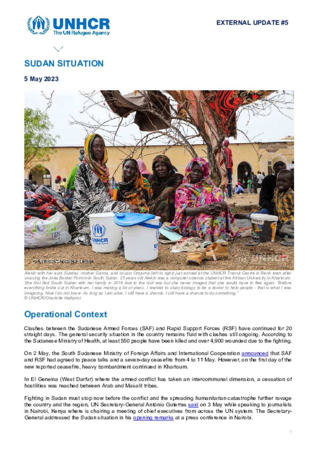 Document - Sudan Situation - UNHCR External Update #5 - 5 May 2023