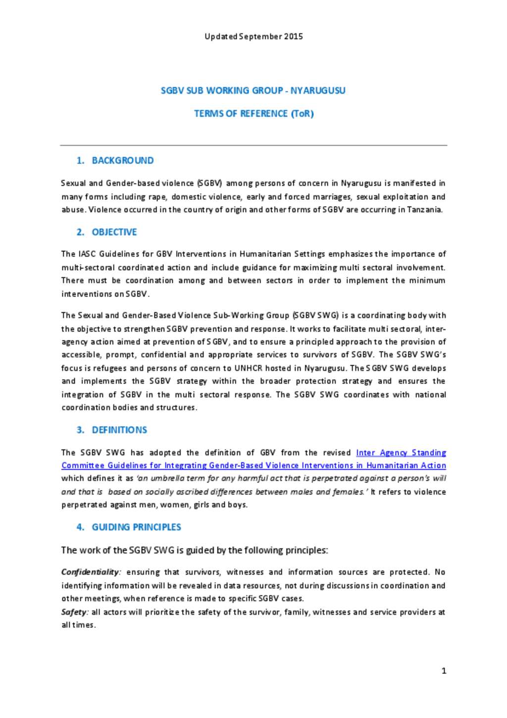 Document SGBV Sub Working Group Terms of Reference Nyarugusu camp