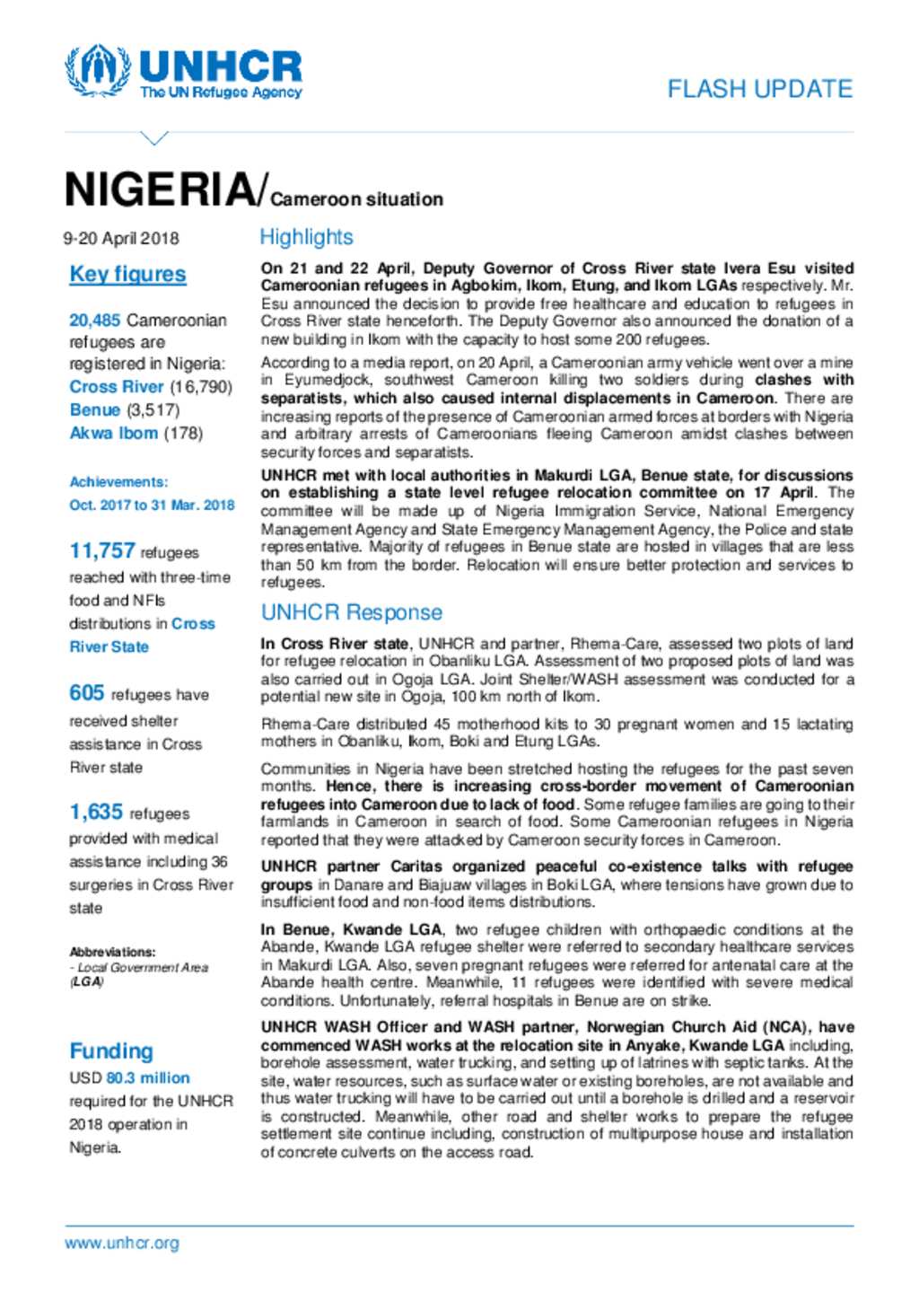Document - Download UNHCR NIGERIA: Cameroon situation - Flash Update 9