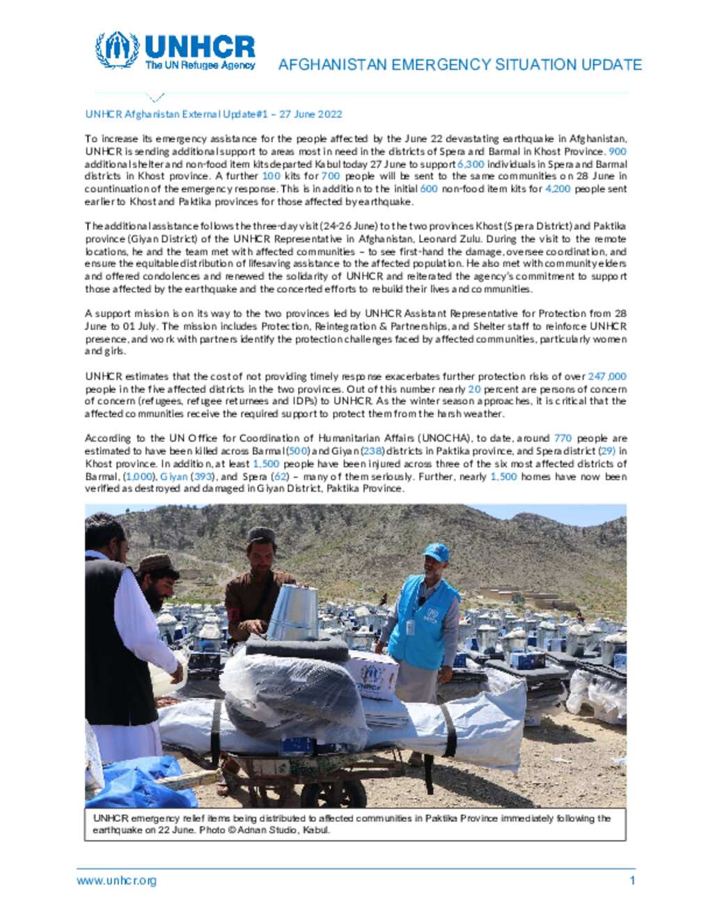 Document - UNHCR AFGHANISTAN EARTHQUAKE RESPONSE EXTERNAL UPDATE#1