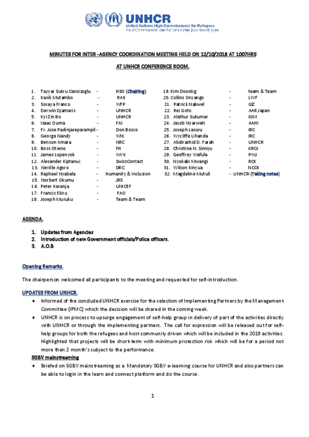 Document Meeting Minutes Inter Agency Coordination Meeting 12 Oct 2018 Document Meeting Minutes Inter Agency Coordination Meeting 12 Oct 2018