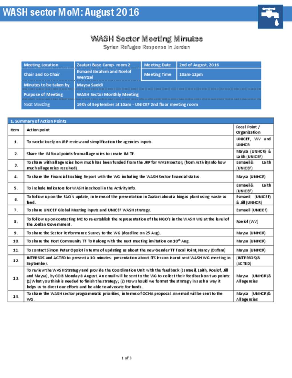 Document WASH Monthly Meeting Minutes 02 08 2016