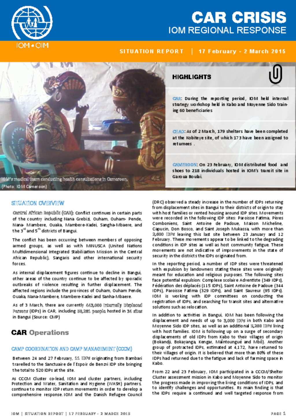 Document IOM Regional Response to the CAR Crisis (17 Feb2 March 2015)