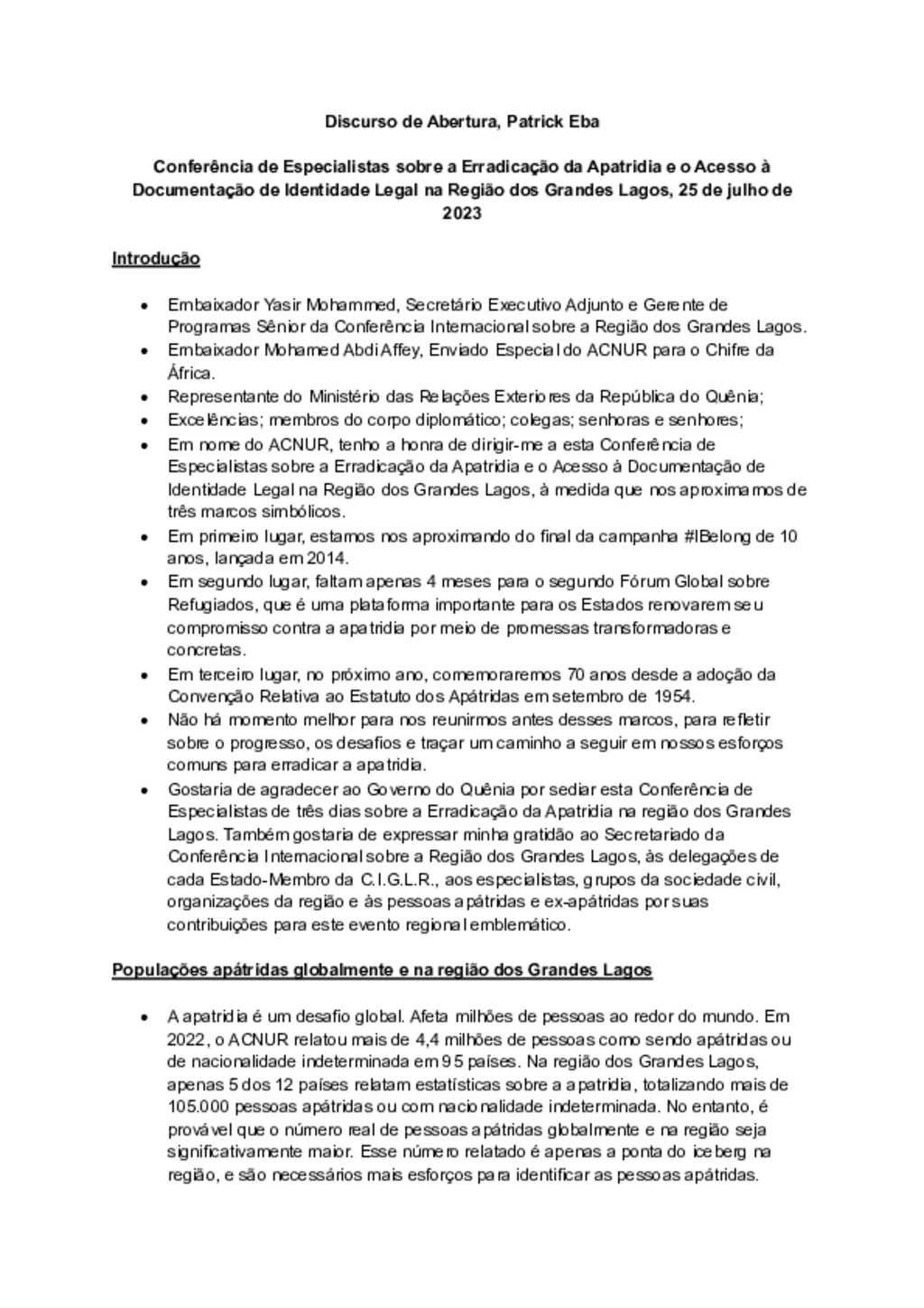 Document Discurso de Abertura Conferência de Especialistas sobre a Erradicação da Apatridia e