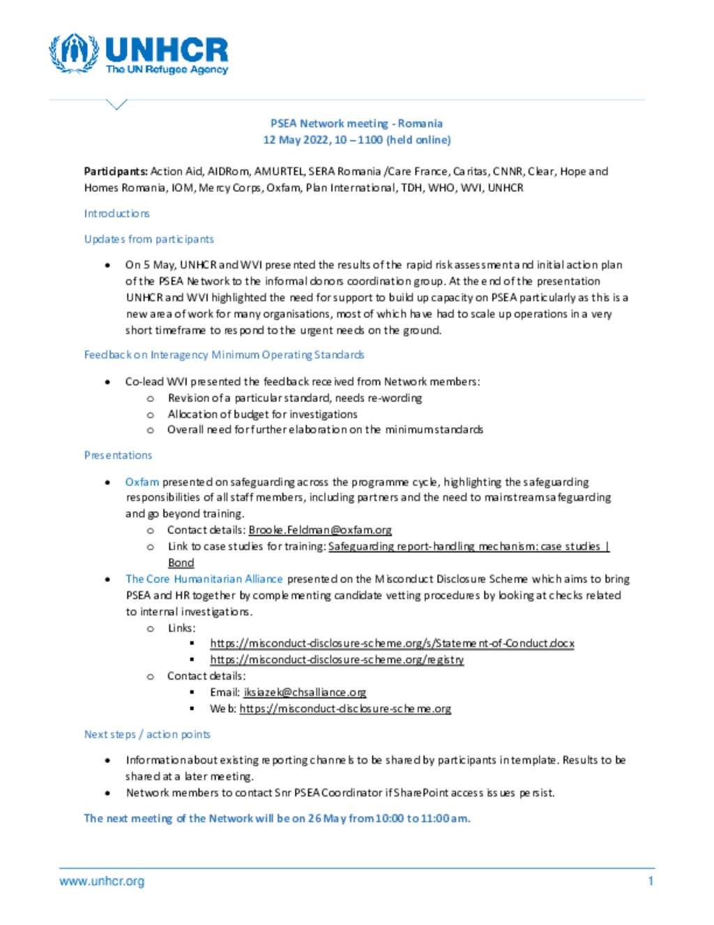 Document Romania PSEA network MoM 2022.05.12