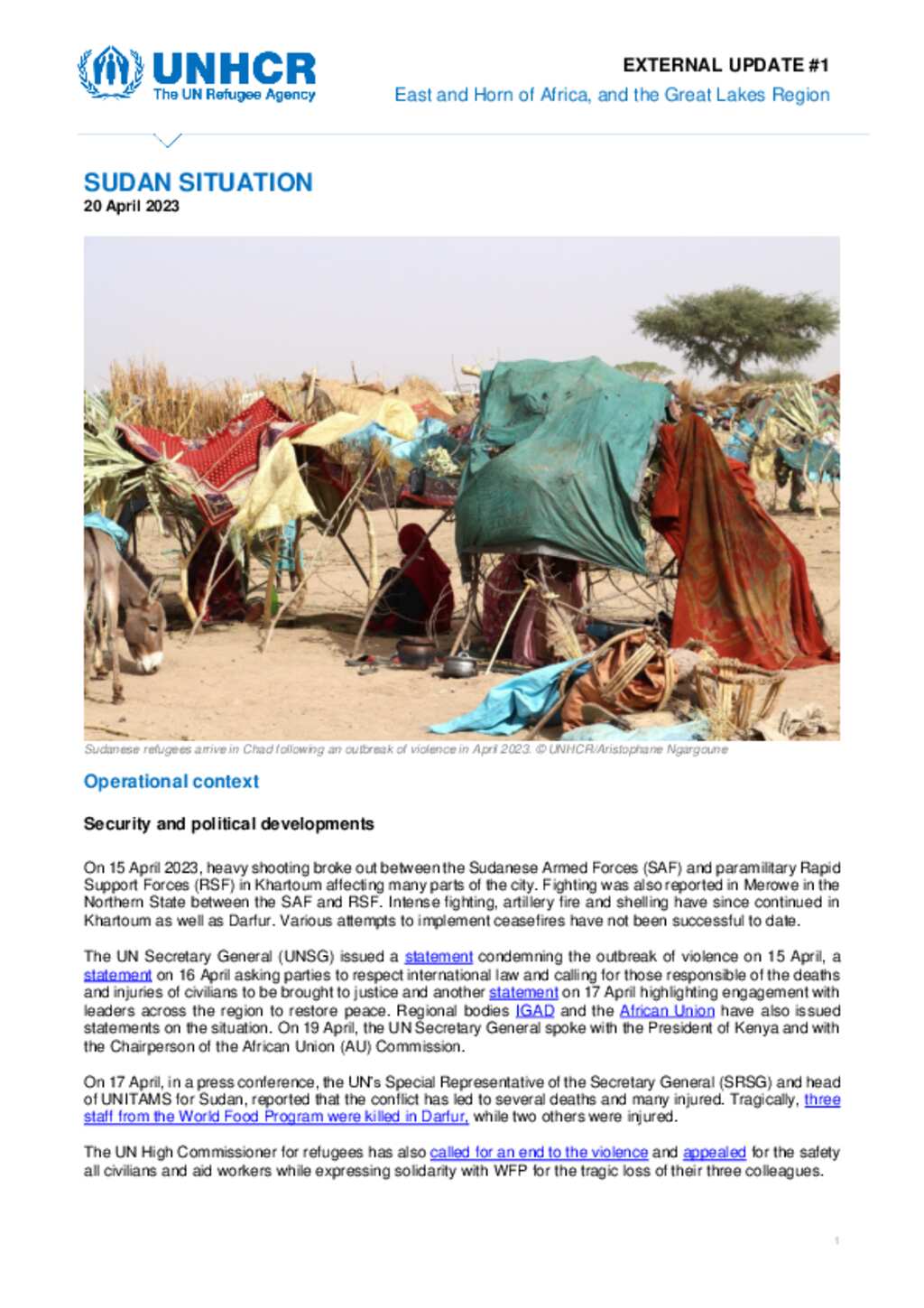 Document - Sudan Situation - UNHCR External Update #1 - 20 April 2023