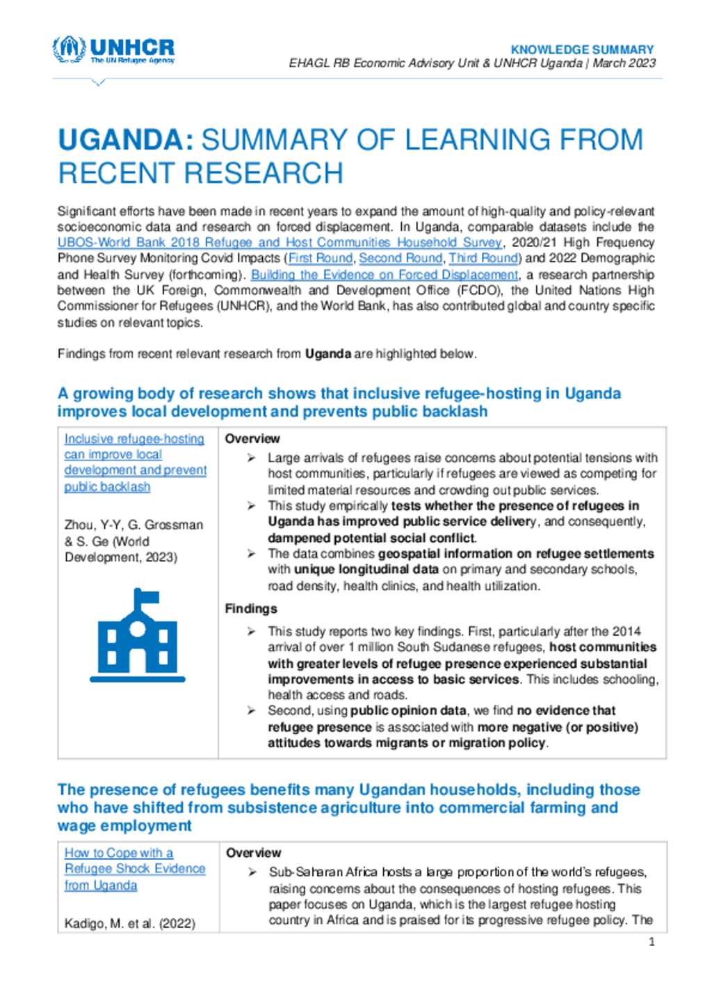 Document - UNHCR: Summary Of Learning From WB-UNHCR Data And Evidence ...