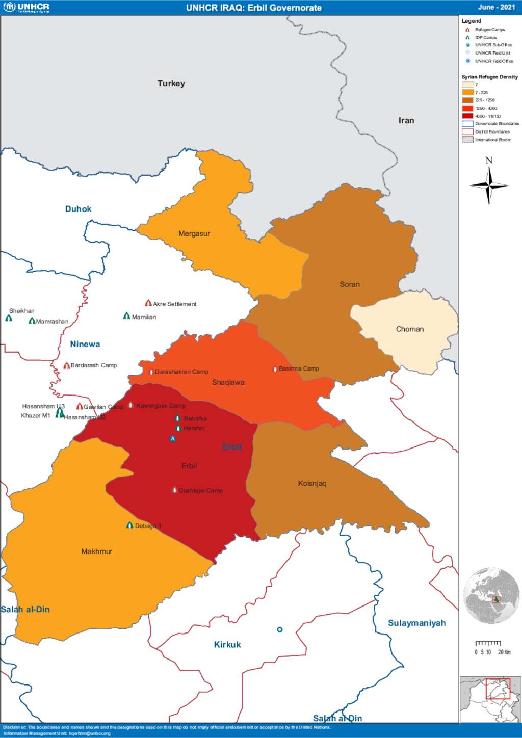 Document UNHCR Iraq Erbil Governorate Map Refugee Density per