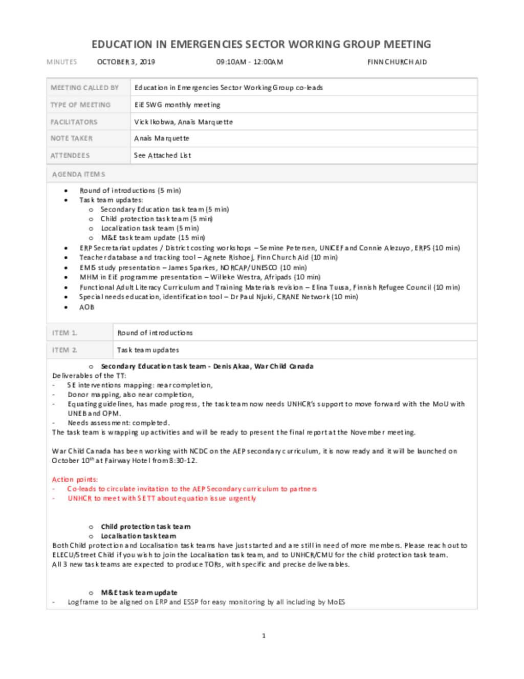 Document - Education in Emergencies SWG meeting minutes