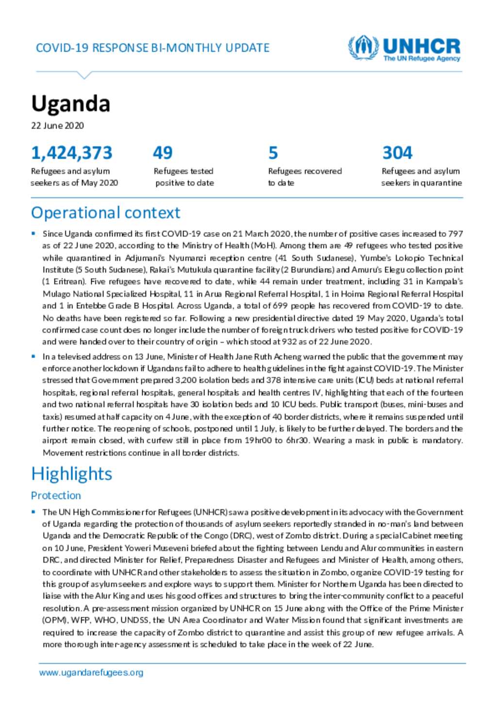 Document UNHCR Uganda COVID 19 Response Bi Monthly Update 22 June 2020   Big 7db78f11037284d1c92fd151c100506d95e65eca 