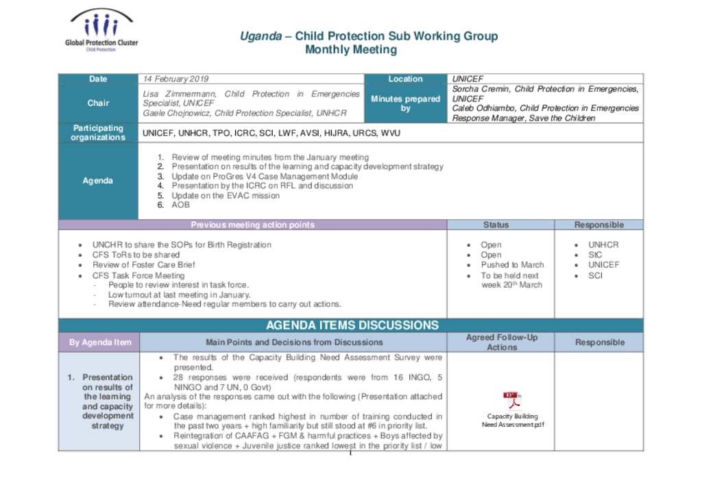 Document Minutes Of Meeting Child Protection Sub Working Group 