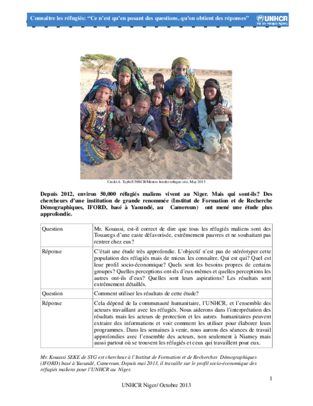 Document - UNHCR Niger Profilage des réfugiés maliens Octobre 2013