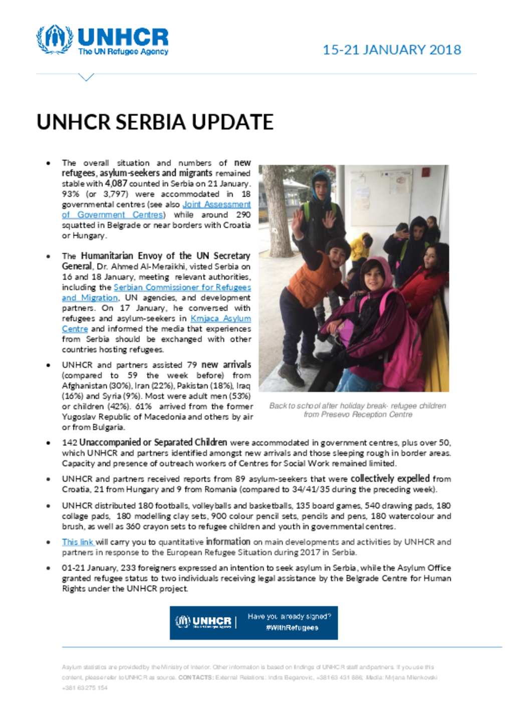 Document - UNHCR Serbia Update 15-21 January 2018