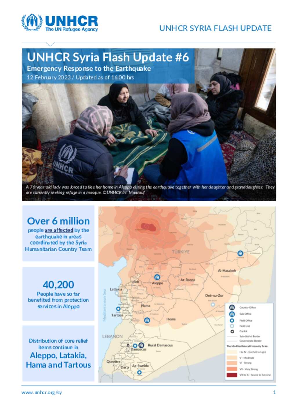 Document - UNHCR Syria Emergency Response To Earthquake: Flash Update #6