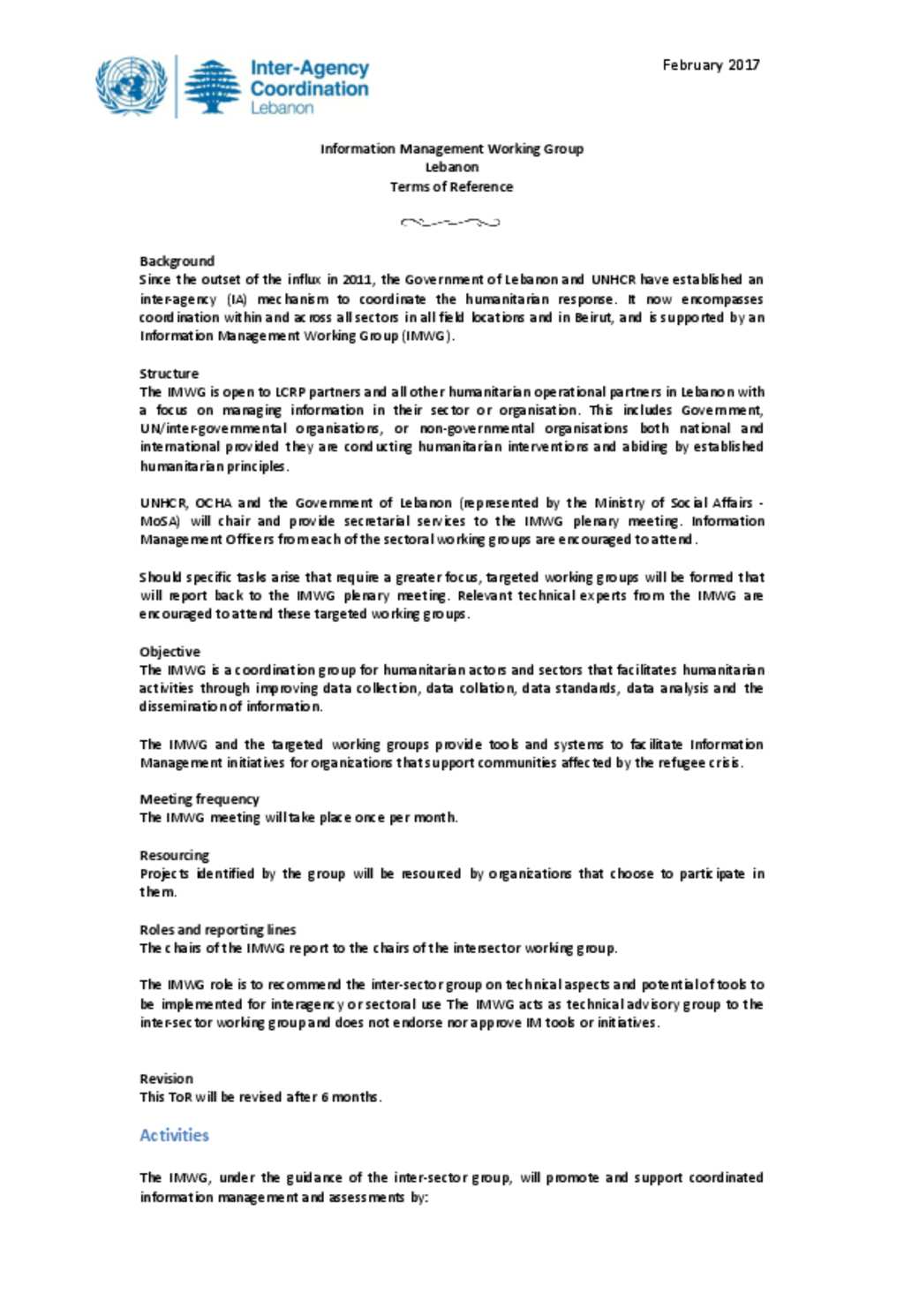 Document - Lebanon - InterAgency - Information Management Working Group Terms  of Reference