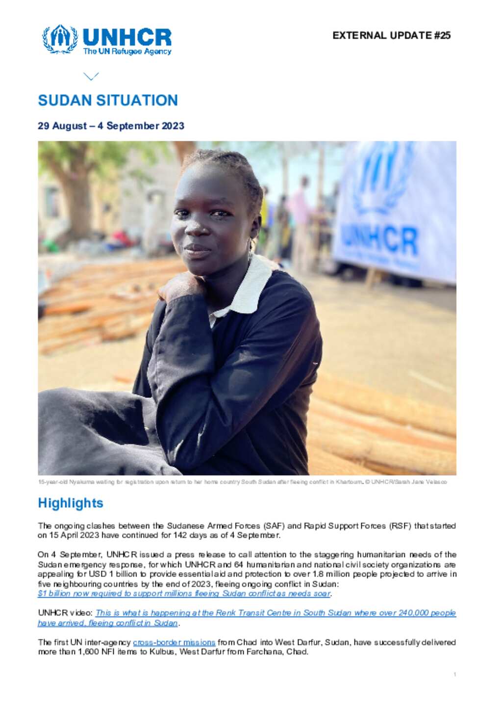 Document - Sudan Situation - UNHCR External Update #25 - 4 September 2023