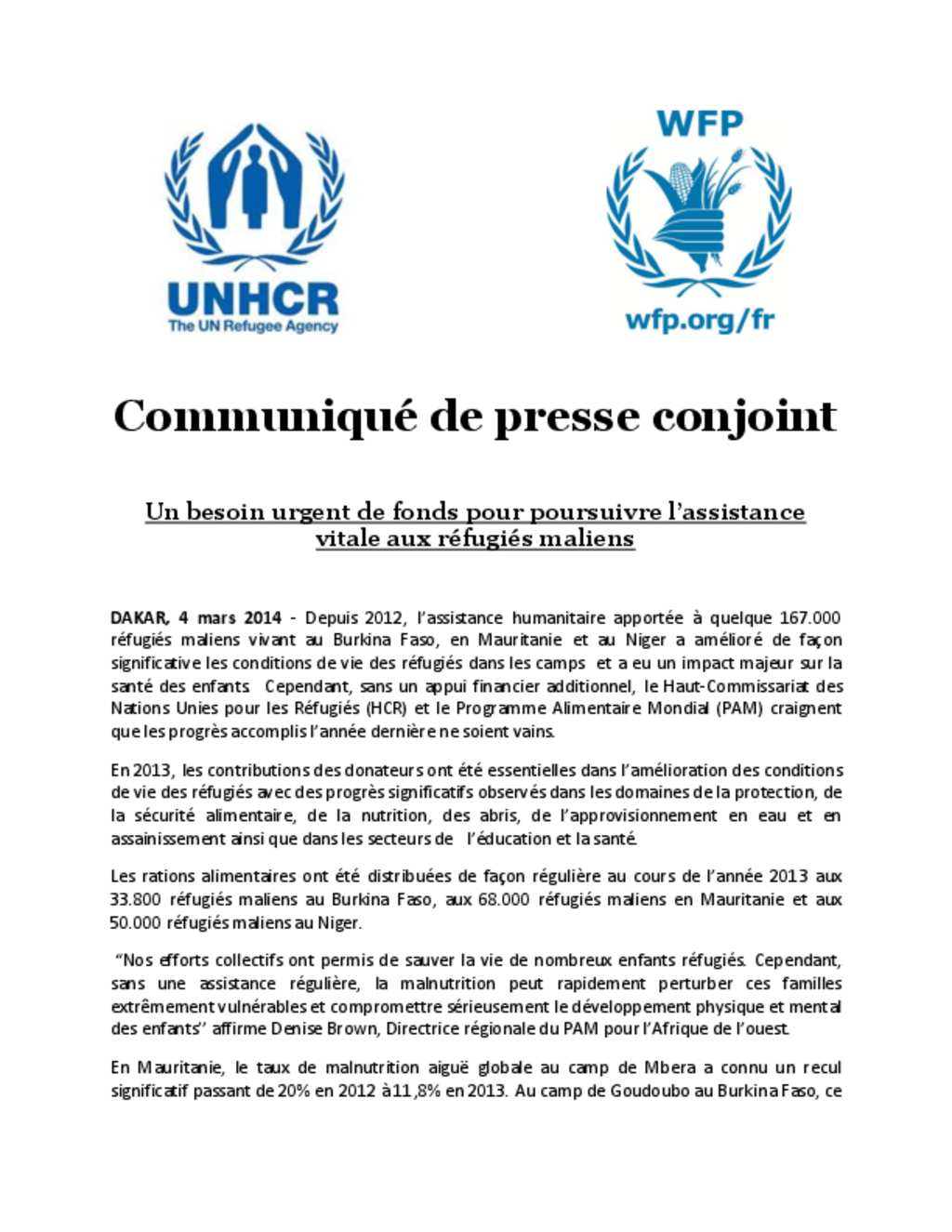 Document UNHCR / WFP Communiqué de presse conjoint UNHCR/PAM