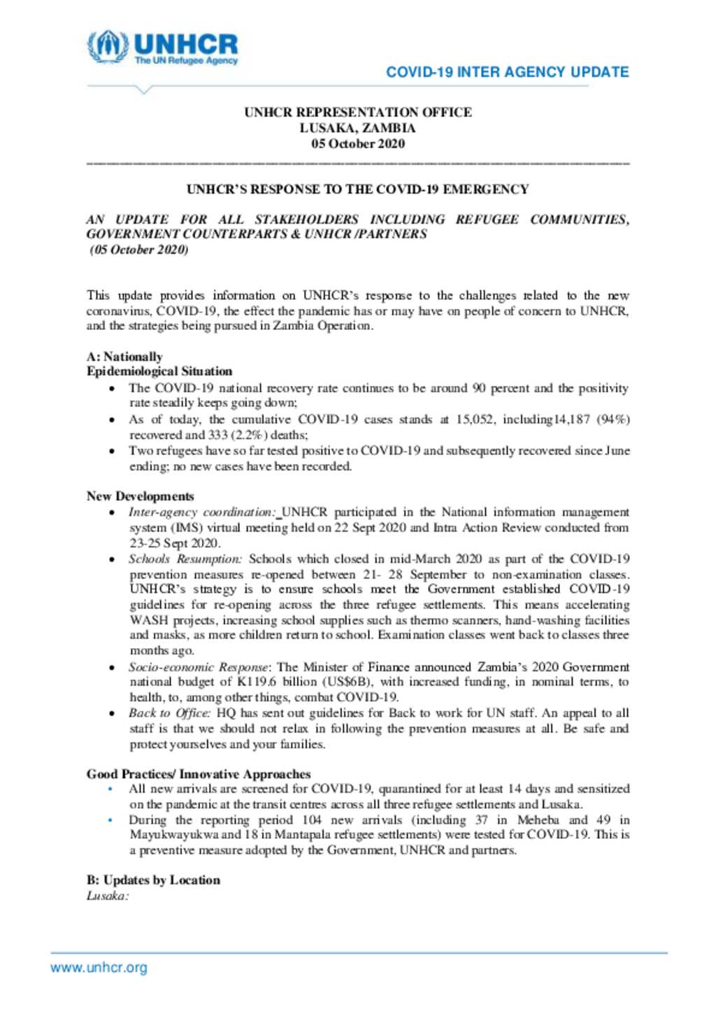 Document Zambia, COVID19 Interagency Update 5 October 2020