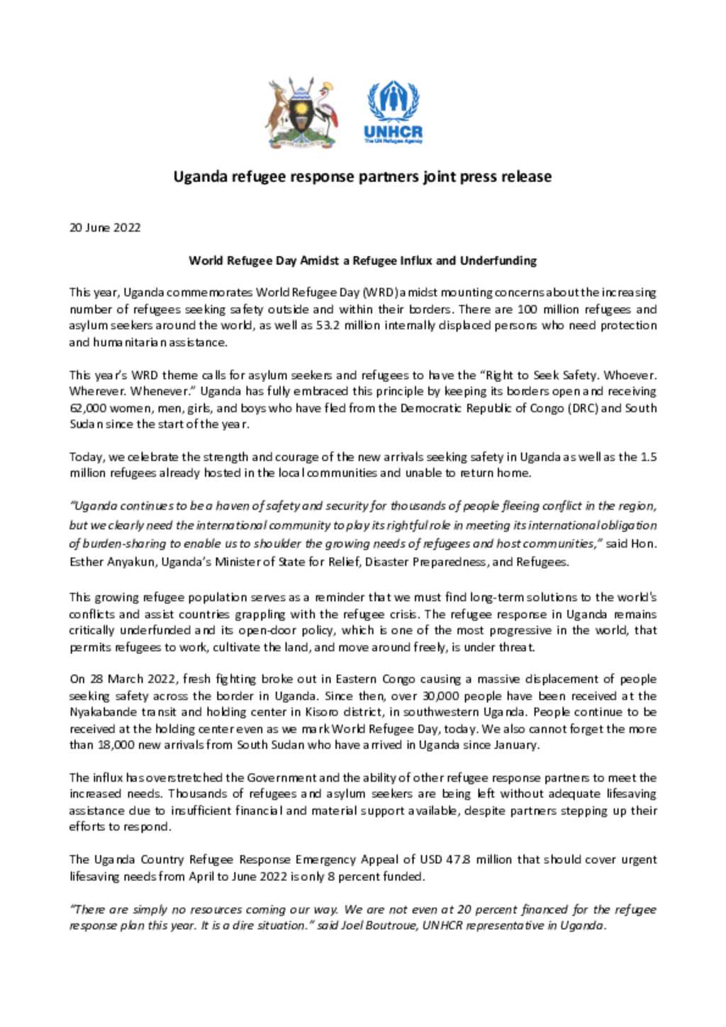 Document - Press Release - Uganda: World Refugee Day Amidst a Refugee ...