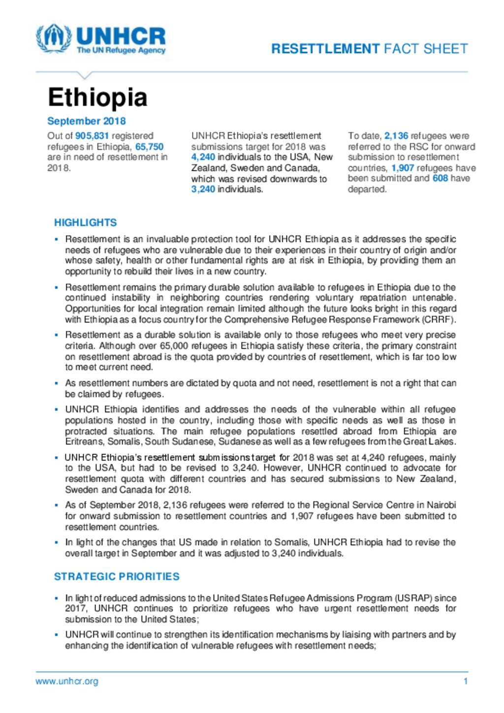 Document - UNHCR Ethiopia Resettlement Fact Sheet September 2018