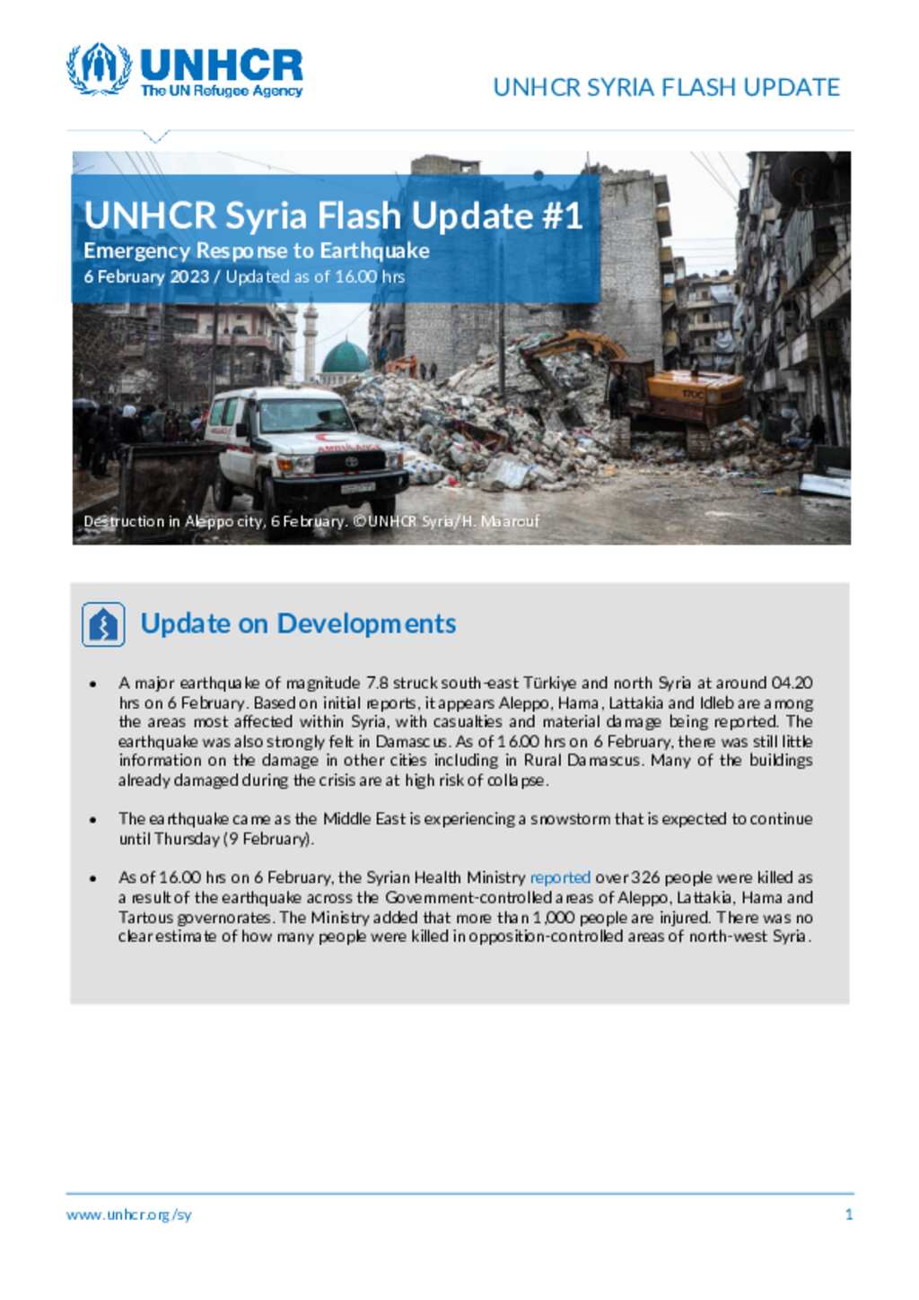 Document - UNHCR Syria Emergency Response To Earthquake: Flash Update #1