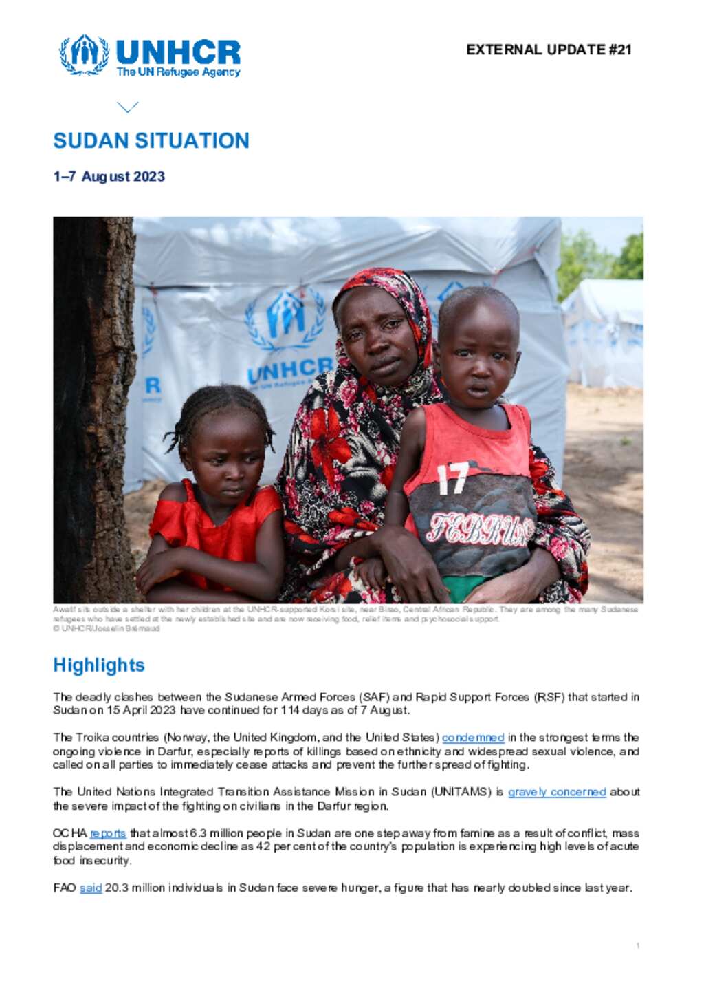 Document - Sudan Situation - UNHCR External Update #21 - 7 August 2023