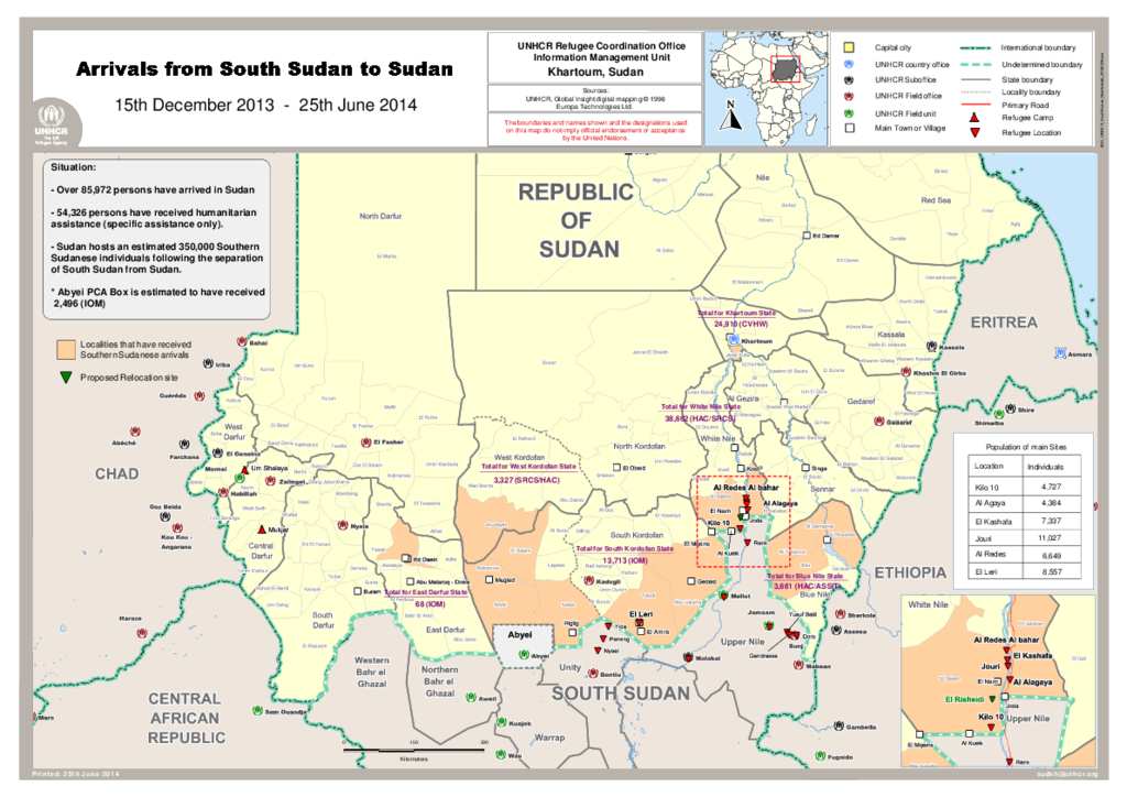 Document - Map of South Sudanese New Arrivals to Sudan 25th June 2014