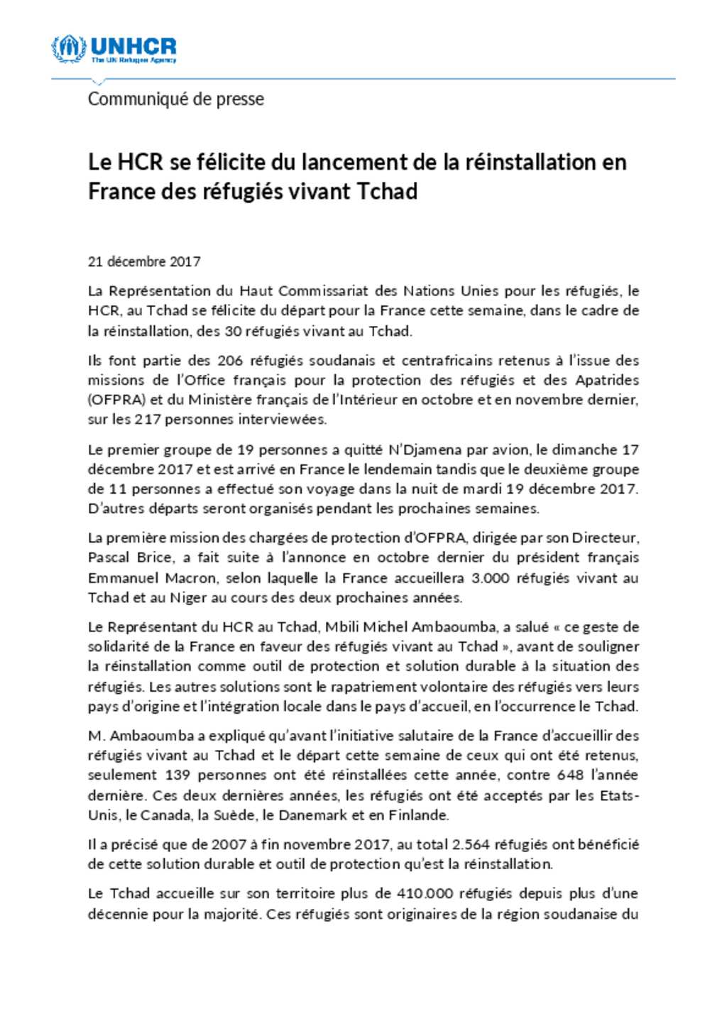 Document - Le HCR Se Félicite Du Lancement De La Réinstallation En ...