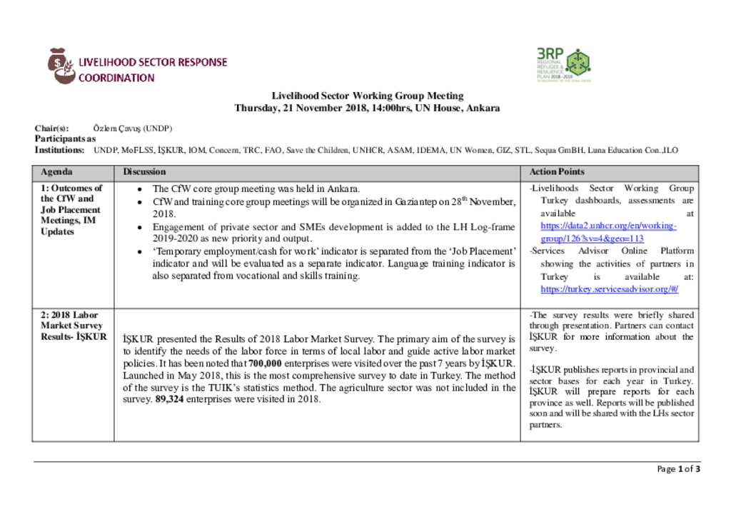 Document Turkey Ankara Livelihood Working Group Meeting Minutes 21 November 18