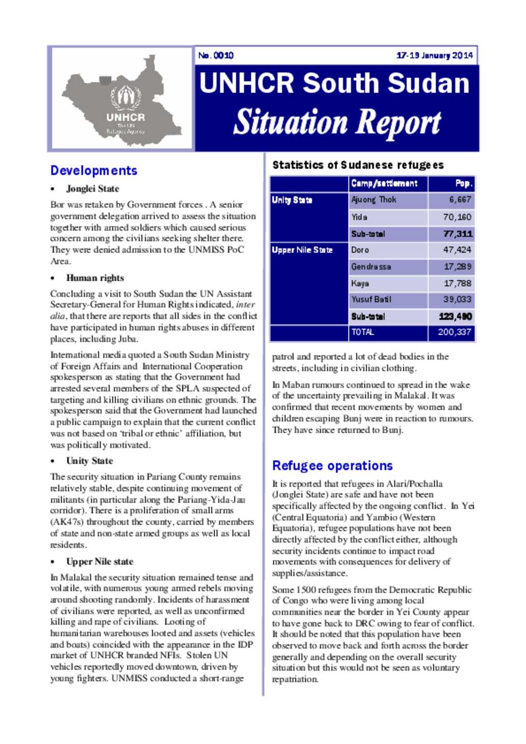 Document - UNHCR South Sudan - Situation Report #10