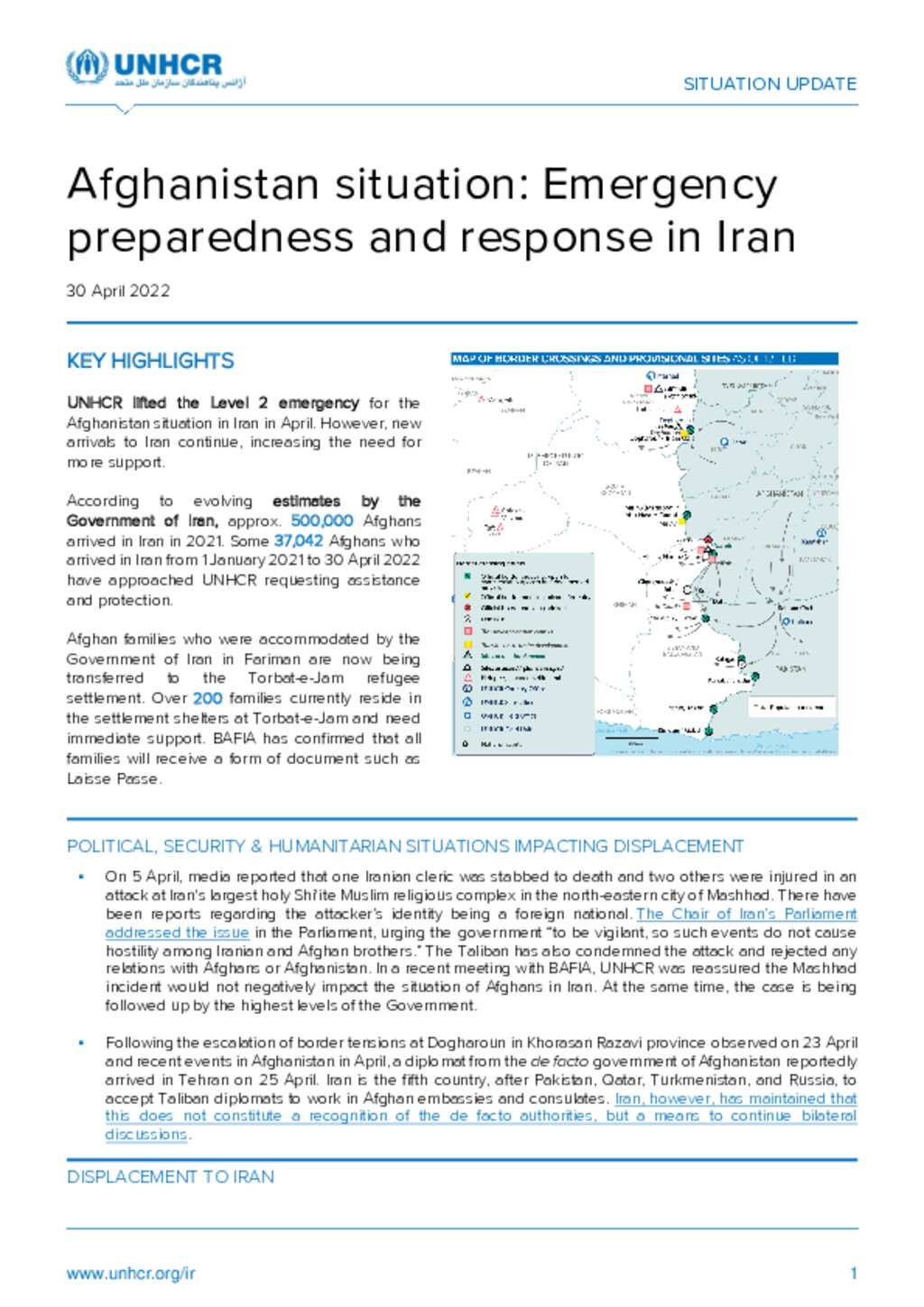 Document - UNHCR Iran: Afghanistan Situation Update - 30 April 2022