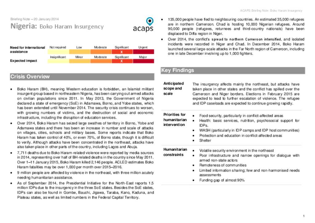 Document - ACAPS Briefing Note Nigeria: Boko Haram Insurgency