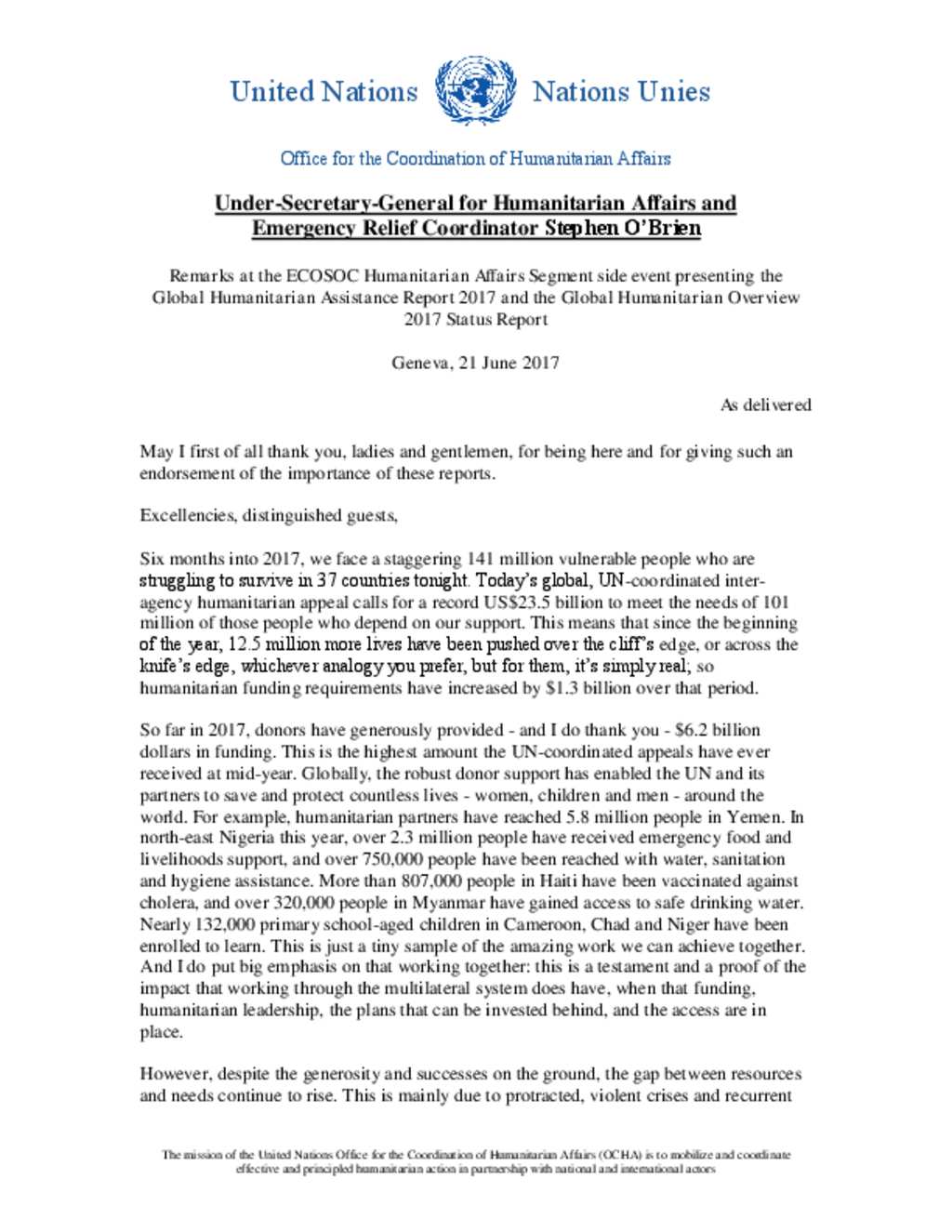 Document - USG for Humanitarian Affairs and Emergency Relief Coordinator  Stephen O'Brien, Remarks at the ECOSOC Humanitarian Affairs Segment side  event